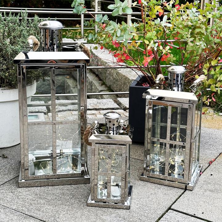 Produktbild Mojawo 3er Set Edelstahl Glas Laternen Windlicht Gartenlaterne mit Griff H27/39/52m