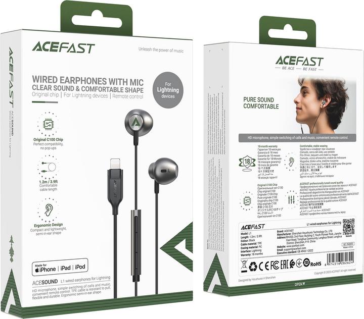 Produktbild Acefast L1 In-Ear-Kopfhörer mit 1,2 m Lightning Anschluss – Schwarz (Keine Geräuschunterdrückung, Kabelgebunden)