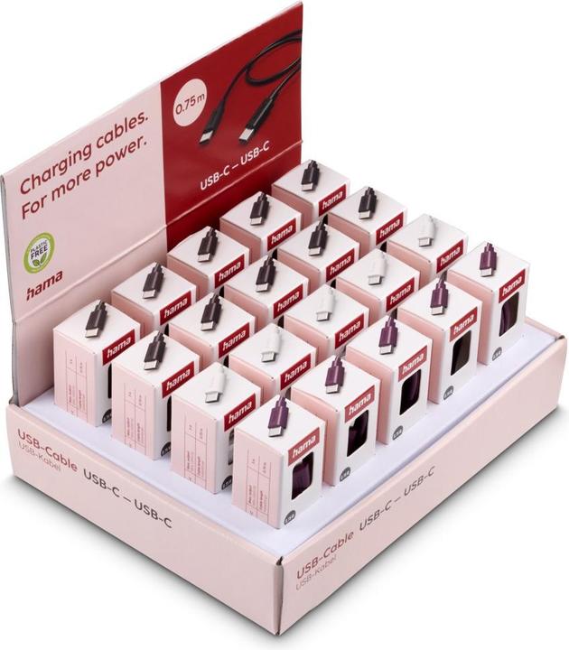 Produktbild Hama Ladekabel, USB-C - USB-C, 0,75 m, 20 Stück im Display (0.75 m, USB 2.0, 60 W)