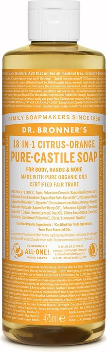 Actual product image Dr. Bronner's 18-in-1 Citrus-Orange (Liquid soap, 475 ml)