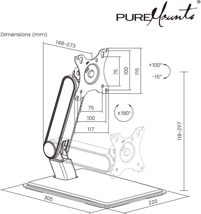 Image du produit PureMounts Tischhalterung PM-OFFICE-ST-20 bis 8 kg – Schwarz (Tables, 32", 8 kg)