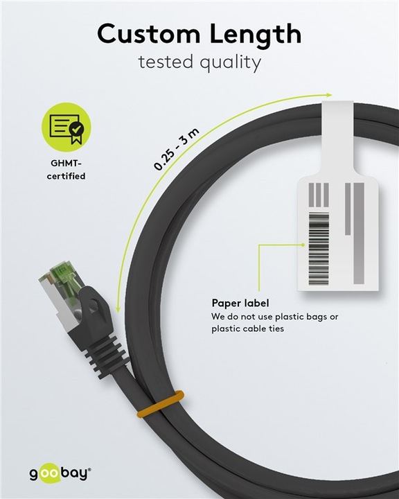 Actual product image Goobay GHMT-certified CAT 8.1 patch cable, S/FTP PiMF, grey (S/FTP, CAT8.1, 3 m)