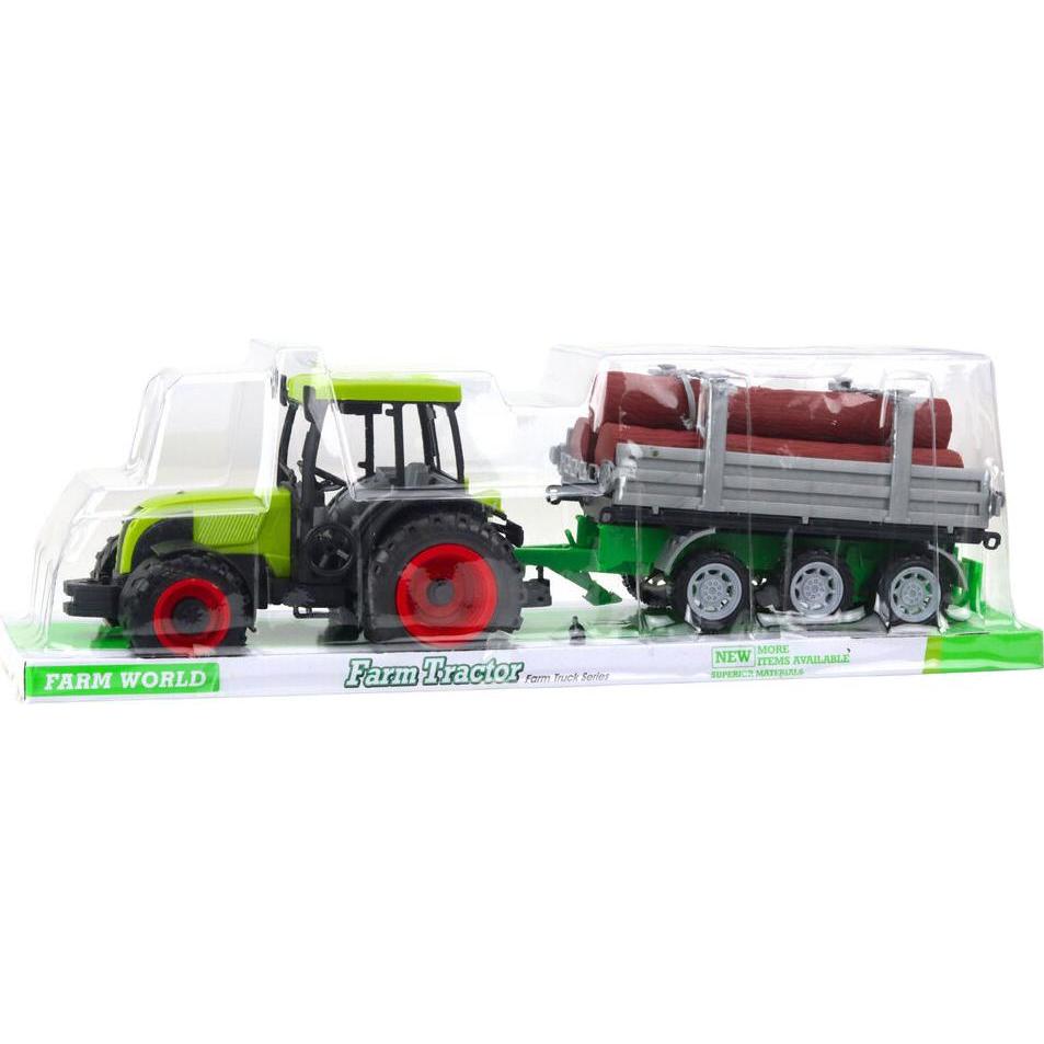 Lean Toys Grüner landwirtschaftlicher Traktor mit Anhänger für Baumstämme 47cm