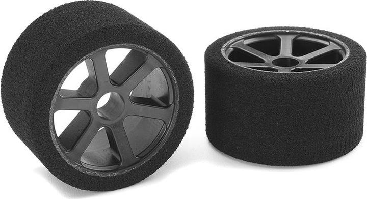 Actual product image Team Corally Attack foam rubber tires 1/12 smooth track 35 shore double pink front carbon rims 2 sts