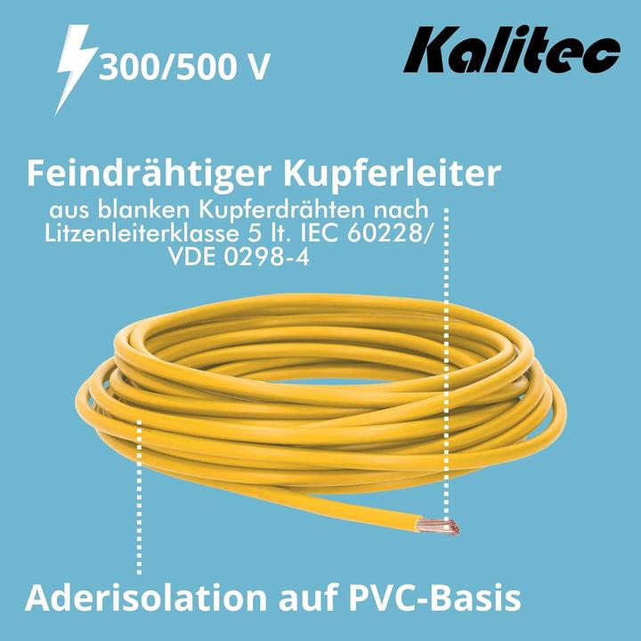 Produktbild Kalitec 10 Meter H05V-K 0,5 mm² gelb Verdrahtungsleitung I Aderleitung flexibel I PVC Einzelader I L (10 m)