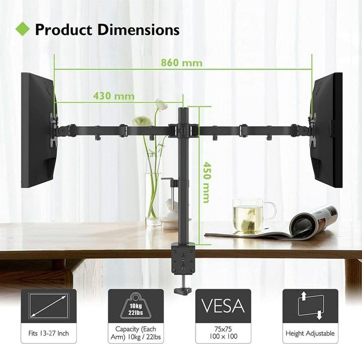 Image du produit Techly Support de bureau pour LCD TV LED 13 27 Côté à côté Pince (Tables, 27", 10 kg)