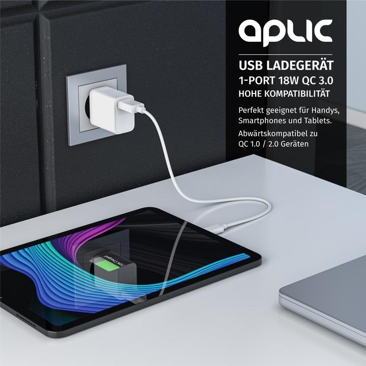 Image du produit Aplic Chargeur USB 18W Quick Charge 3.0, charge rapide, pour smartphones, tablettes, blanc (18 W, 1 portion)