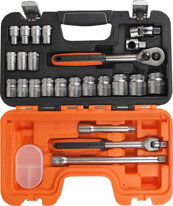Actual product image Bahco 1/2"-Steckschlüssel-Satz, metrisch, Sechskant, inklusive Umschaltknarre - 24-teilig (32 mm, 24 mm, 13 mm, 16 mm, 11 mm, 18 mm, 23 mm, 27 mm, 19 mm, 14 mm, 15 mm, 21 mm, 22 mm, 12 mm, 17 mm, 20 mm, 10 mm, 30 mm)