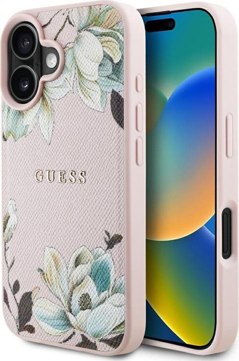 Actual product image Guess Grained Printed Flower Pattern MagSafe iPhone 16 Case Pink (Apple iPhone 16)