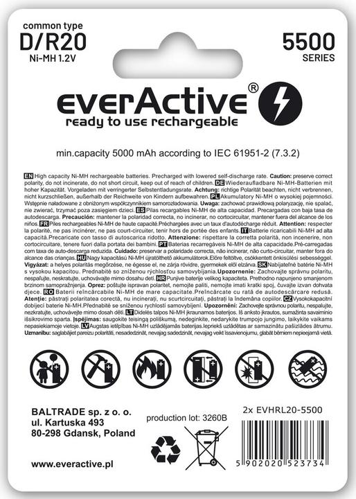 Image du produit Everactive Rechargeable batteries R20/D Ni-MH 5500 mAh ready to use - Batterie - Mono (F) (2 pcs, D, 5500 mAh)