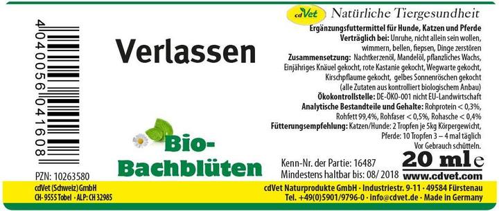 Produktbild cdVet Hunde-Nahrungsergänzung Bio-Bachblüten, Verlassen, 20 ml (Senior, Adult, Junior, 1 Stk., 60 g)