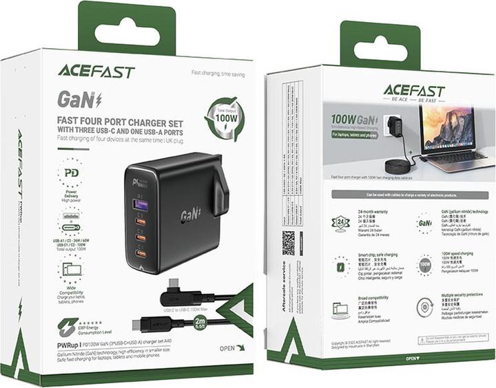 Image du produit Acefast Jeu de 2x chargeurs rapides GaN UK 100W Power Delivery 3x USB C 1x USB - blanc / noir (100 W, 4 ports)