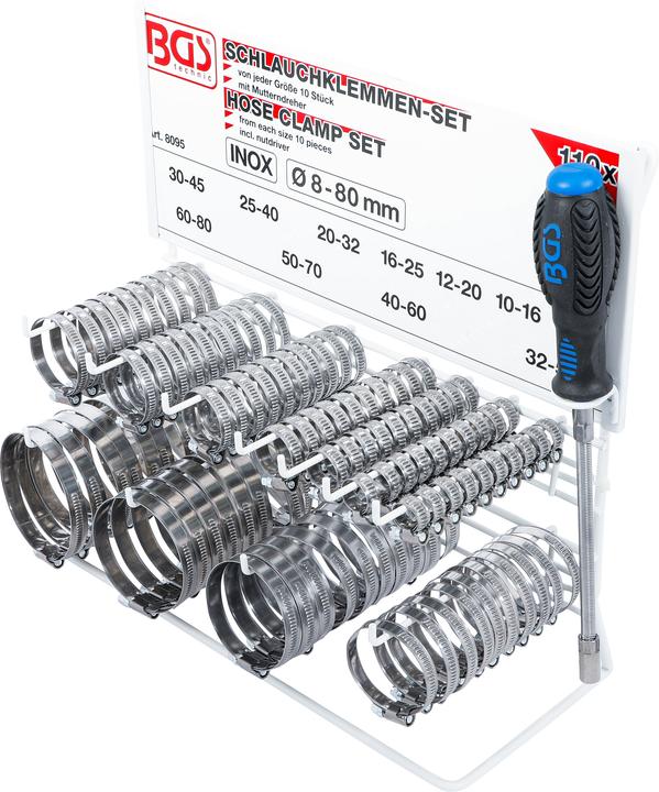 Actual product image BGS Hose Clamp Set | Stainless | on Display Board | 111 pcs. (Hose clamp)