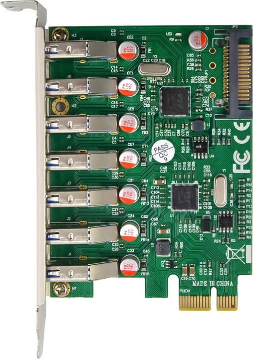 Actual product image InLine Interface card, 7x USB-A 3.2 Gen.1, PCIe, with SATA power connection