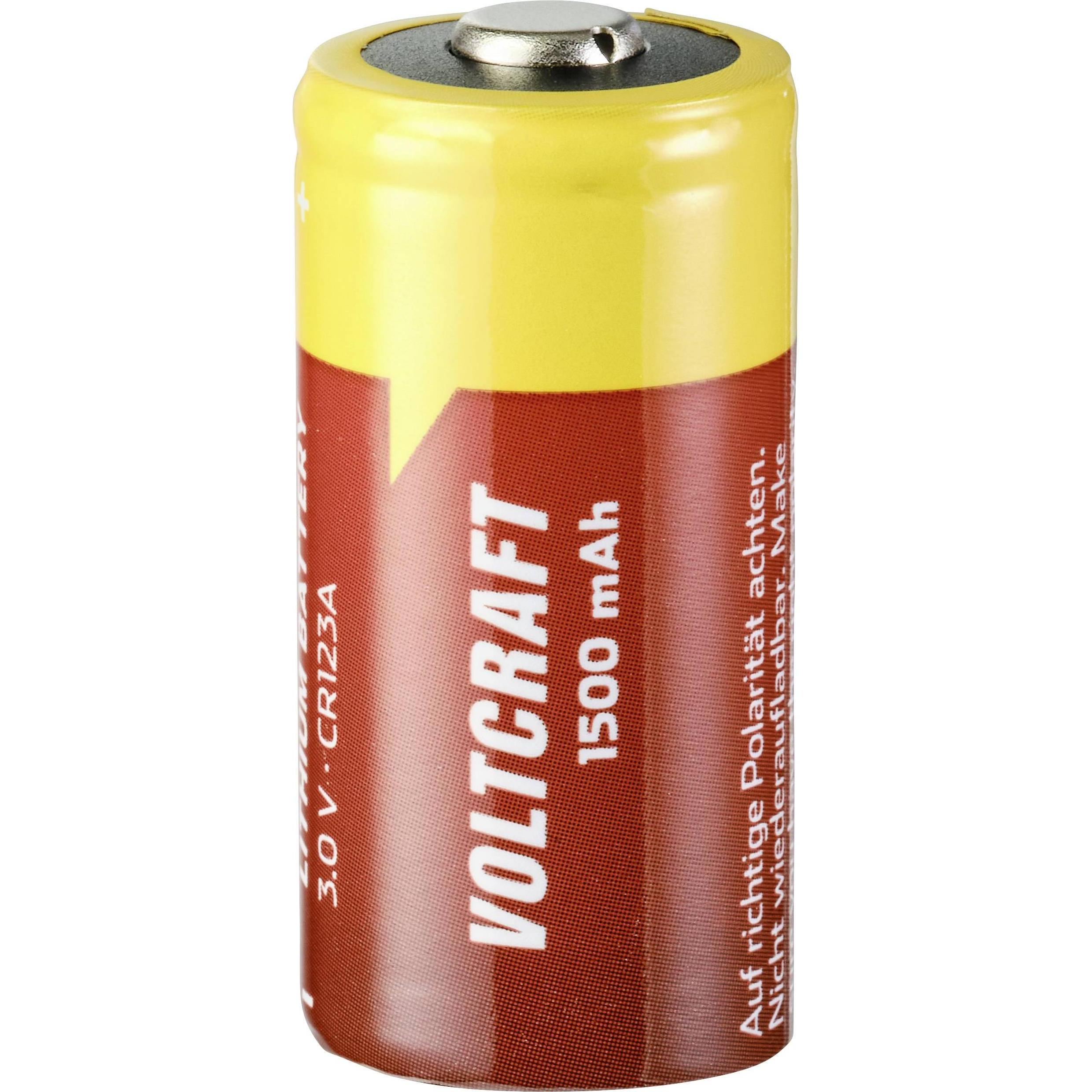 Voltcraft CR123A Batteria fotografica CR-123A al litio 1500 mAh 3 V 1 pz. (1 pz., RCR123A, 1500 mAh), Batterie + pile