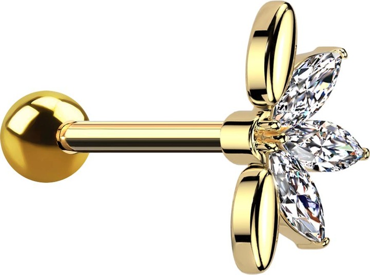 Immagine prodotto Star Piercing Micro Barbell vergoldet mit Kugel und Fächer vergoldet drei ovale Kristalle silber (Ottone, Acciaio chirurgico 316L)