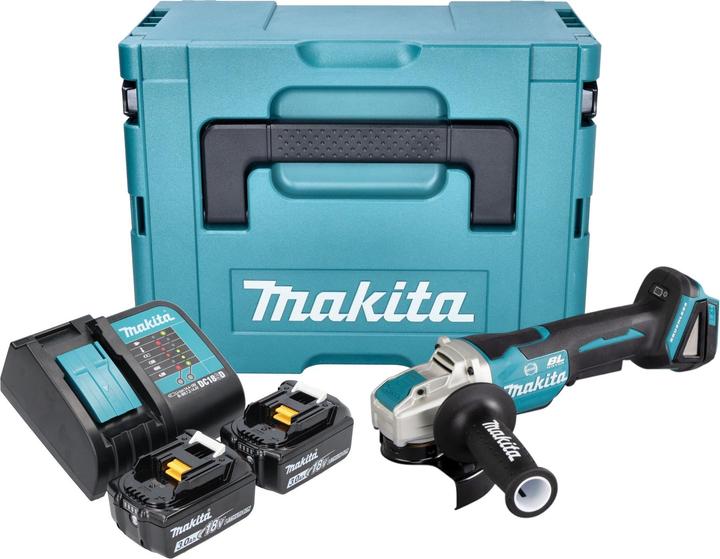 1x smerigliatrice angolare a batteria Makita DGA 520, 1x impugnatura laterale 36 cpl. (158237-4), 1x coperchio di protezione 125 mm (347618-9), 2x batteria ricaricabile Makita BL 1830 B 18 V 3.0 Ah, 1x caricatore Makita DC 18 SD, 1x valigetta Makita Makpac