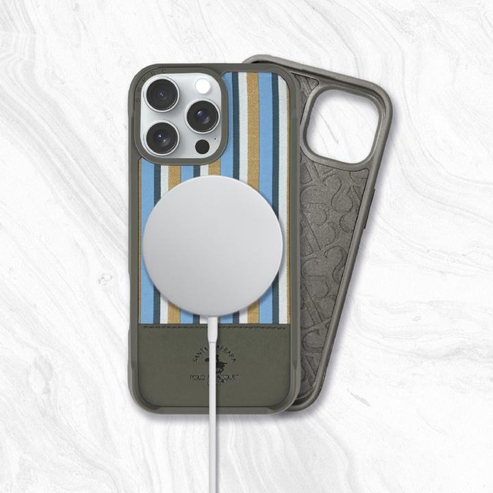 Actual product image Santa Barbara iPhone 16 Pro - Polo Isaac - Premium Sommer-Etui mit Stoffdesign, Streifenmuster, Gold (Apple iPhone 16 Pro)