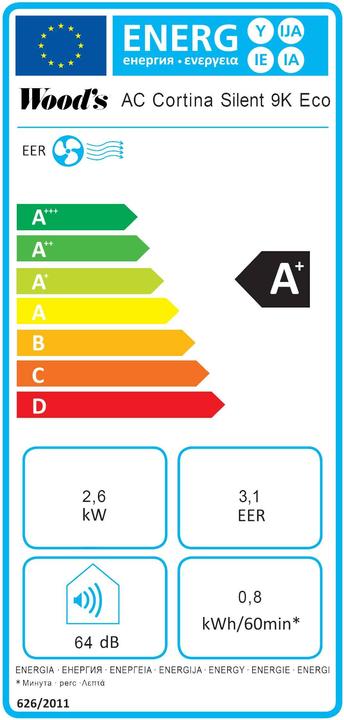 Energie-Label Wood's AC Cortina 9K Eco (31 m², 9000 BTU/h)