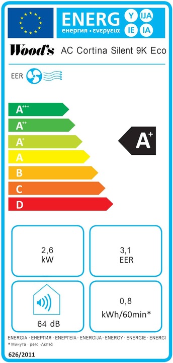 Energy Label Wood's AC Cortina 9K Eco (31 m², 9000 BTU/h)