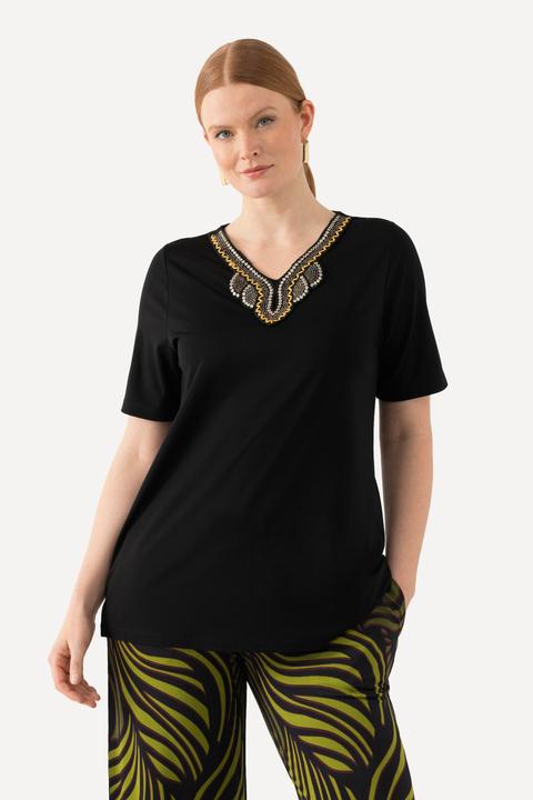 Image du produit Ulla Popken T-shirt avec broderies, silhouette en A évasée, col tunisien et manches courtes (42, 44)