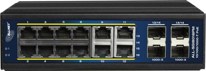 Produktbild Allnet Switch managed L2+/L3 industrial 16 Port Gigabit / 12x PoE / 4x SFP / Lüfterlos / DIN / IP40 (16 Ports)