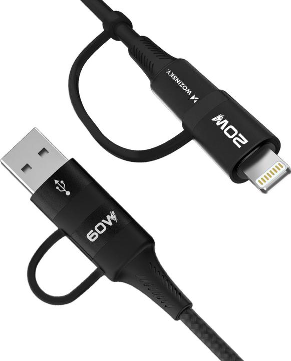 Produktbild Wozinsky WNBAA 4in1 Kabel 2x USB-C 1x USB-A 1x Lightning 60W 1 m - Schwarz (1 m, USB 2.0, 60 W)