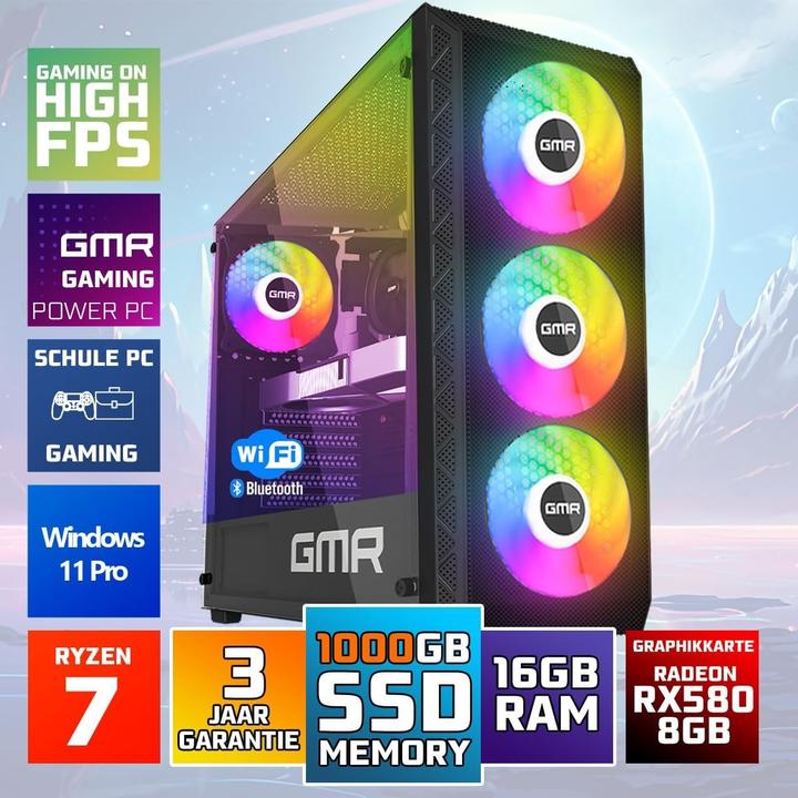 Produktbild GMR Gaming PC mit Ryzen 7, 16 GB RAM, 1000 GB SSD, RX 580, Windows 11 Pro (1000 GB, 16 GB, AMD Ryzen 7 2700X, Radeon RX 580X)