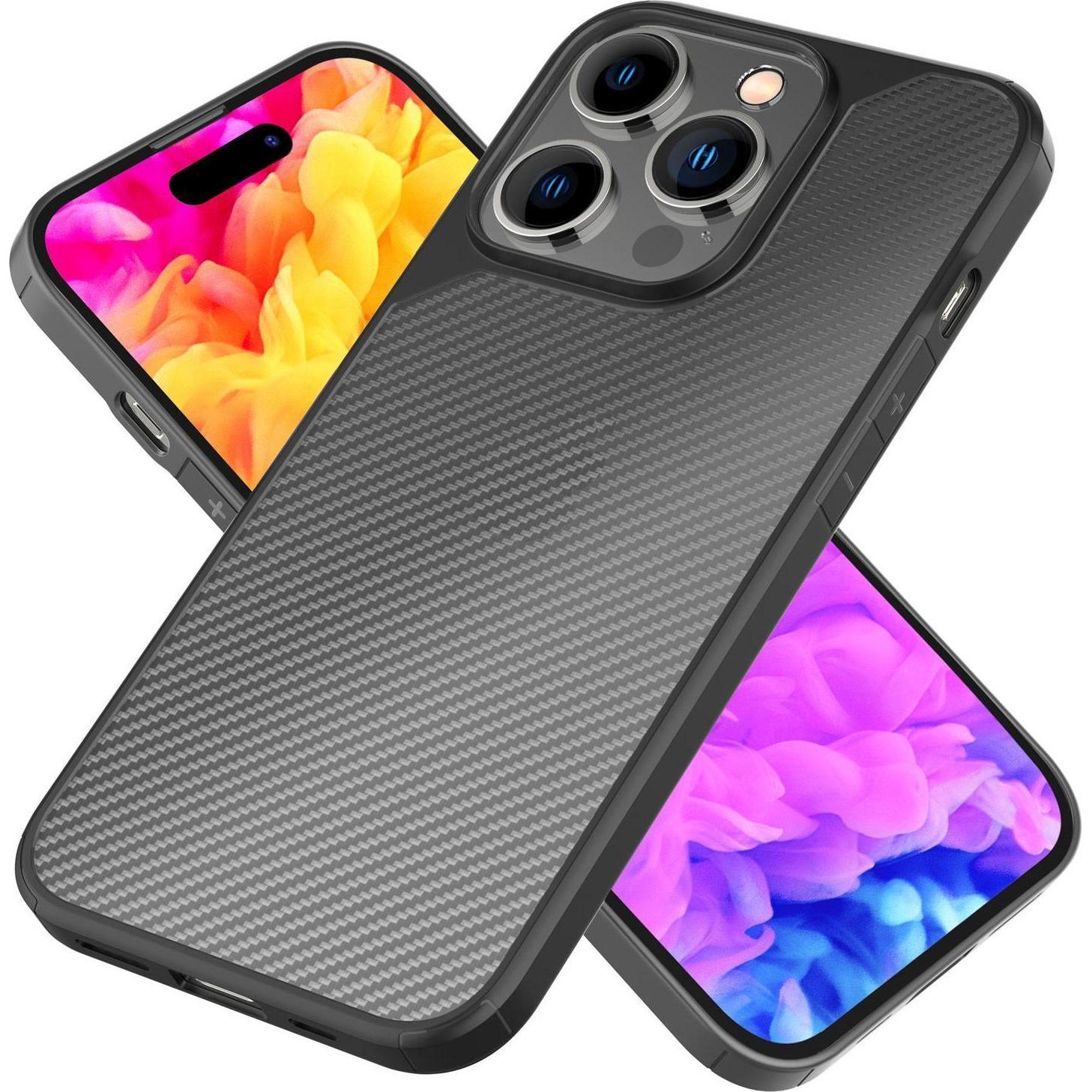 Nalia Matte Carbon-Look Hülle mit Schutzrahmen (Apple iPhone 14 Pro), Smartphone Hülle, Schwarz