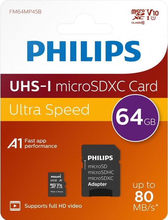 Image du produit Philips MicroSDXC 2-Pack 64GB Class 10 UHS-I U1 incl. adaptateur (64 Go, microSDXC, U1, UHS-I)