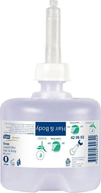 Tork Hair & Body Mini Flüssigseife - 420602 - 2-in-1 Duschgel und Shampoo für S2 Spender-Systeme - P (475 ml)