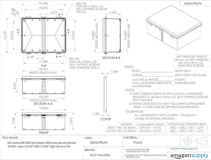 Actual product image Bud Industries NBA-10142 Stijl A Kunststof Binnen Doos, Outdoor, Opaque, 1