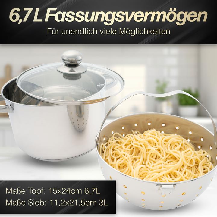 Produktbild Beyond Edelstahl 24cm mit Glasdeckel & herausnehmbarem Siebeinsatz (Kochtopf, Edelstahl)