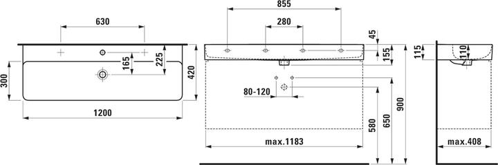Produktbild Laufen Waschtisch VAL 1200x420mm m ÜL 1 HL-Ausf. weiss (420 mm, 1200 mm)