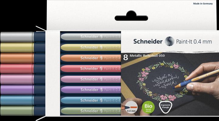 Actual product image Schneider Rollerball Paint-it (Metallic Copper, vintage green metallic, vintage red metallic, Silver Metallic, polar blue metallic, frosted violet metallic, Rose Metallic, gold metallic, 8 x)
