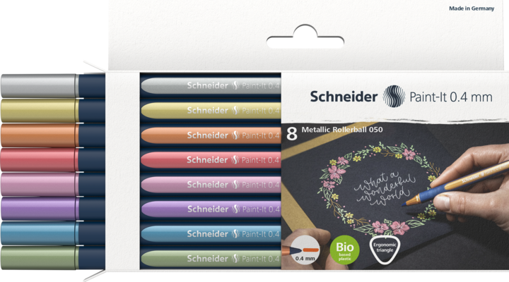 Produktbild Schneider Rollerball Paint-it (Copper Metallic, vintage green metallic, vintage red metallic, Silver Metallic, polar blue metallic, frosted violet metallic, Rose Metallic, gold metallic, 8 x)