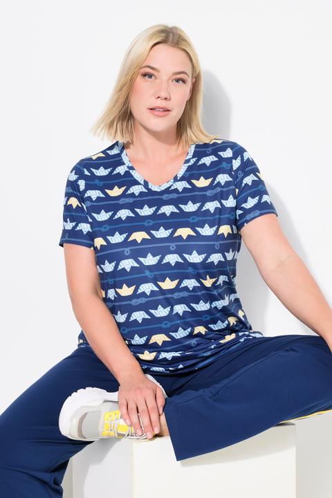 Image du produit Ulla Popken T-shirt technique avec motif petits bateaux, col en V et manches courtes, collection Classic (50, 52)