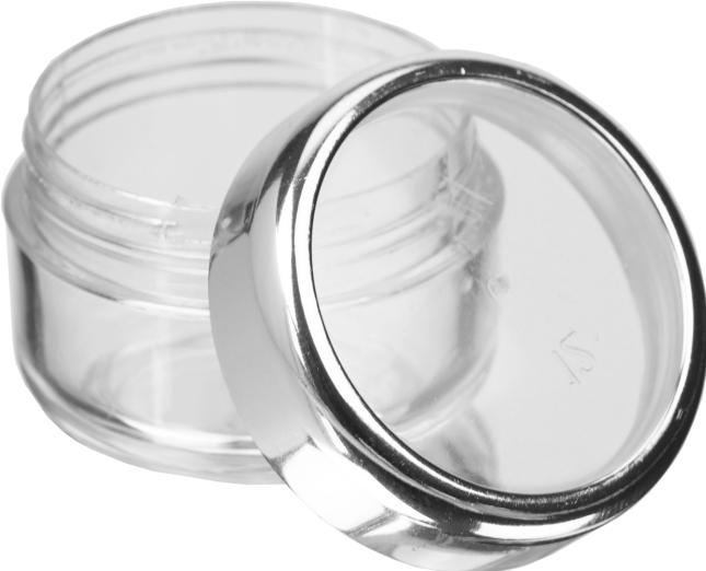 Actual product image Cosmetic jar, plastic, silver/glass light for 6 ml, Ø 2.9 cm, height: 2 cm