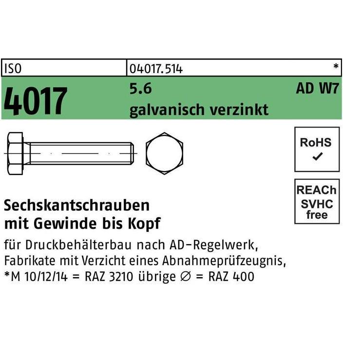 Bufab, Schrauben, Sechskantschraube ISO 4017 VG M 12 x 20 5.6 AD W7 galvanisch verzinkt (100 Schrauben pro Stück)