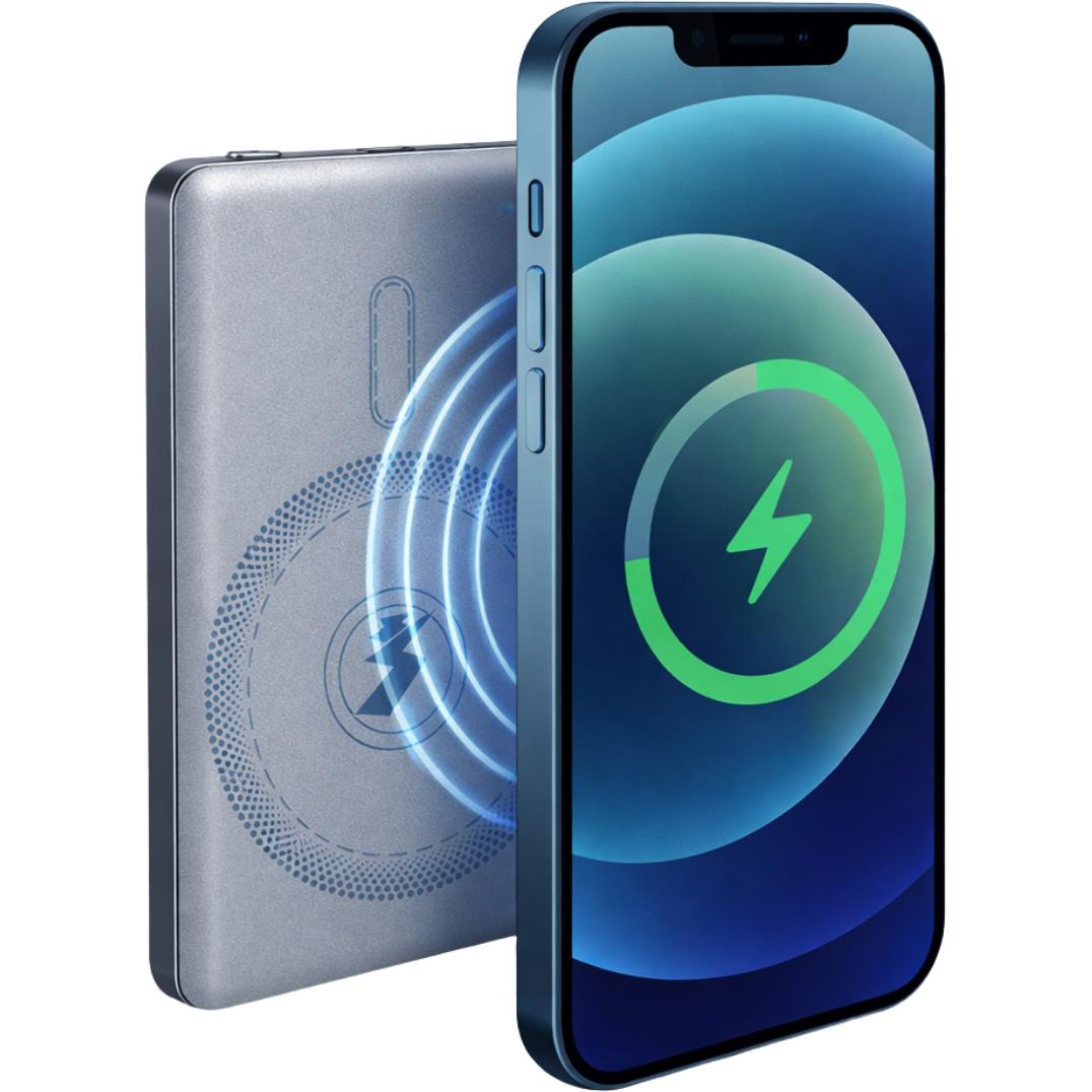 Grundig Powerbank ultrasottile senza fili (5000 mAh), Powerbank, Grigio, Argento