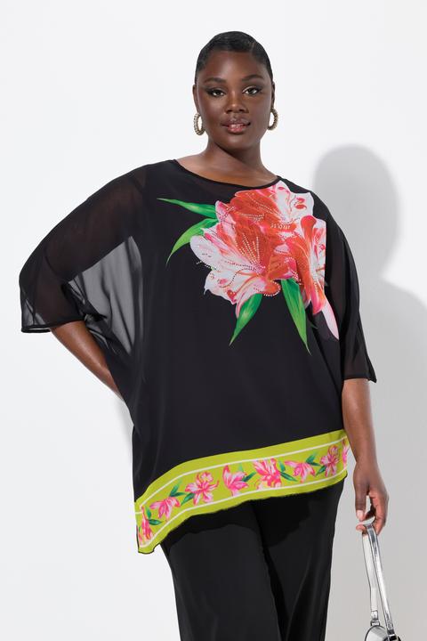 Immagine prodotto Ulla Popken Blusa di chiffon a doppio strato con fiori brillanti, scollo rotondo e maniche a 3/4 (42, 44)