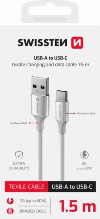 Actual product image Swissten Data Cable Textile II USB / USB-C 1,5 M White (1.50 m, 60 W)