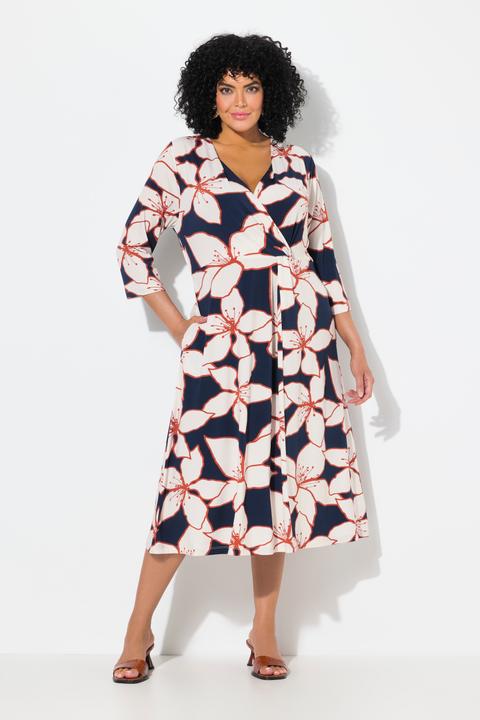 Actual product image Ulla Popken Flower Print 3/4 Sleeve Wrap Look Midi Dress (58)