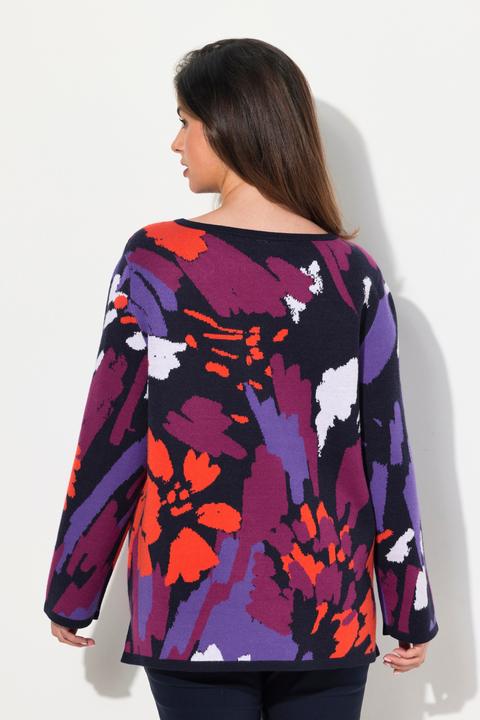 Actual product image Ulla Popken Brushstroke Floral Boat Neck Sweater (56)