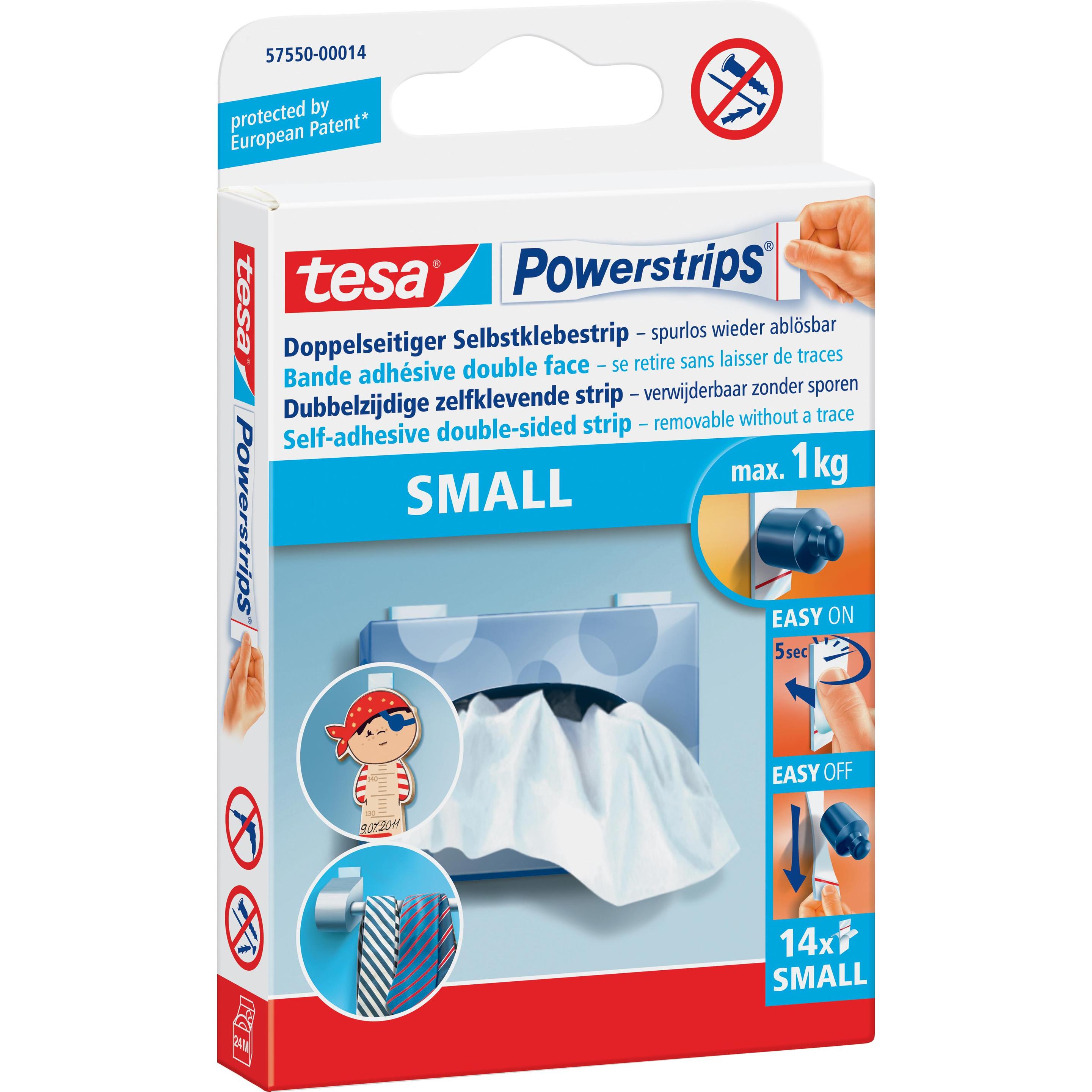 tesa, Klebehaken + Klebenagel, Powerstrips SMALL, 1kg Halteleistung, 14x doppelseitige Klebestreifen