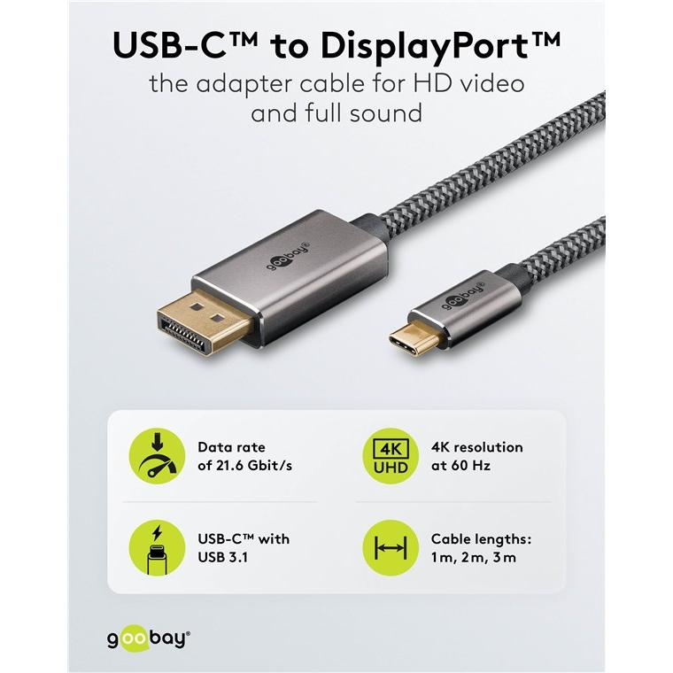Thumbnail - Goobay USB-C-auf-DisplayPort-Textilkabel 4K @ 60 Hz, 2 m, schwarzsilber (2 m, DisplayPort, USB Typ C), Video Kabel
