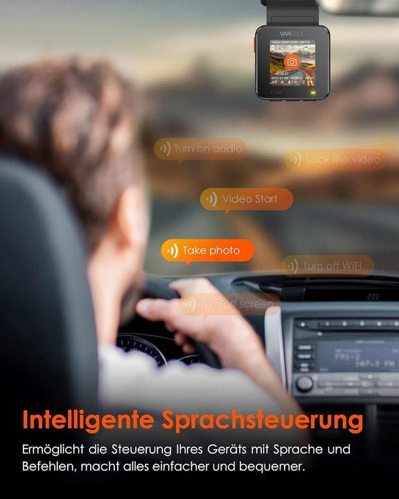 Produktbild Vantrue Mini Dashcam E1 lite mit Sprachsteuerung und GPS (Akku, Beschleunigungssensor, Eingebaute Anzeige, Eingebautes Display, Eingebautes Mikrofon, GPS-Empfänger, Nachtsicht, Sprachsteuerung, WLAN, Full HD)