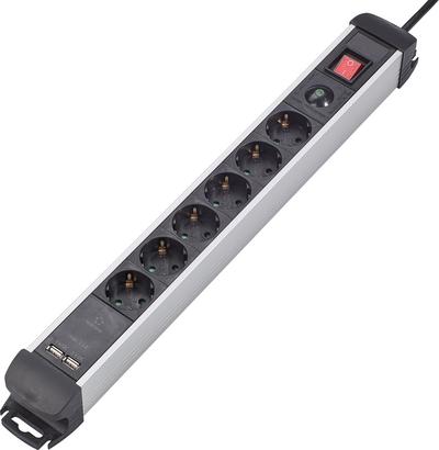 Actual product image Renkforce Power strip with switch 6-way black, silver protective contact (6x, CEE 7/3, 1.50 m)