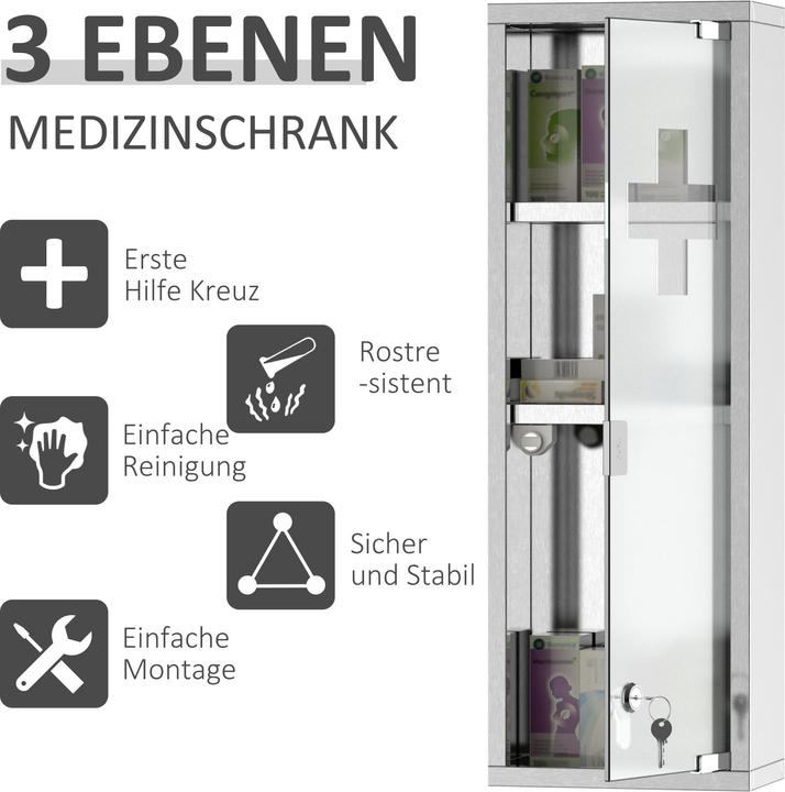 Produktbild Kleankin Arzneischrank mit Schloss (20 x 12 x 58 cm)