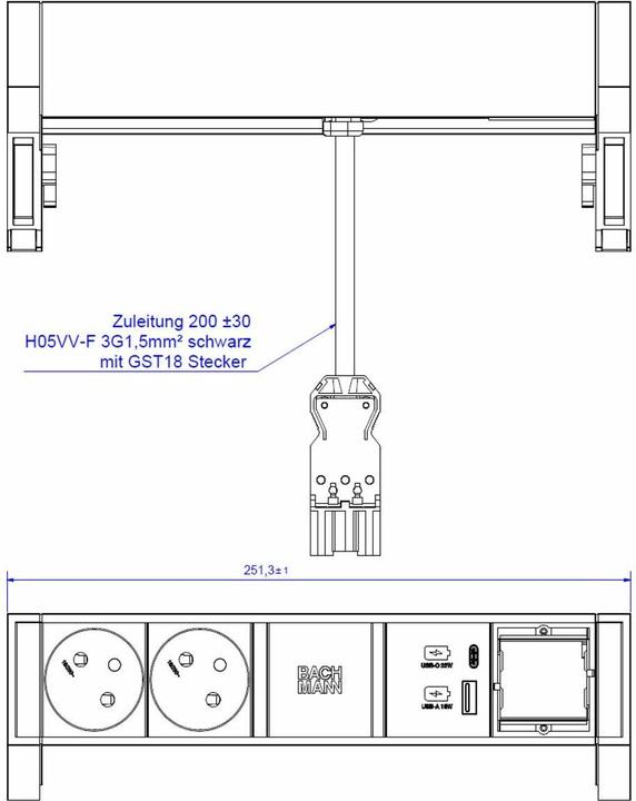Produktbild Bachmann DESK2 2xUTE 1xCM 1xUSB A/C 22W noir (2x, CEE 7/5)